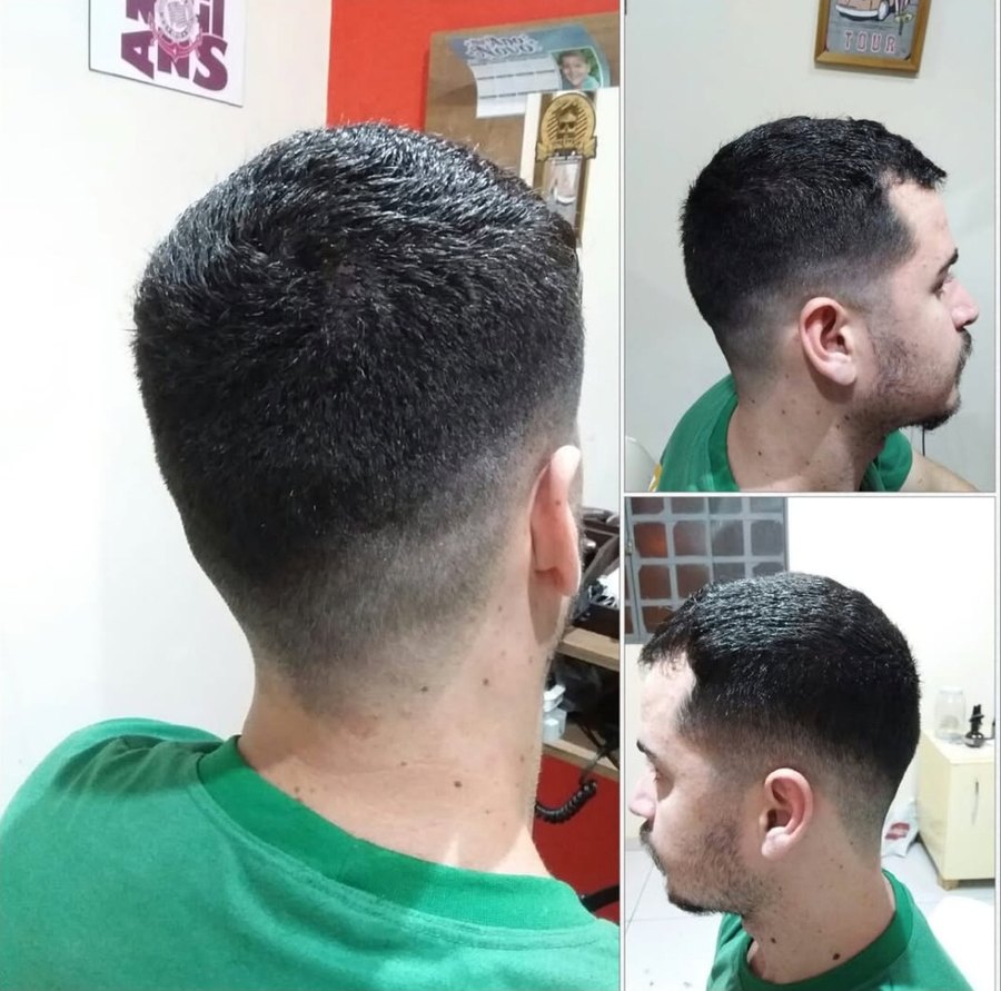 Degradê masculino com barba desenhada, três ângulos