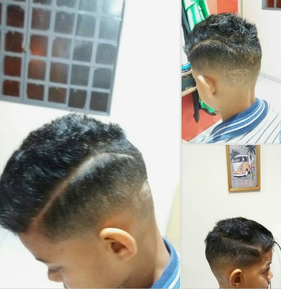 Corte jovem com risca traçada e design geométrico